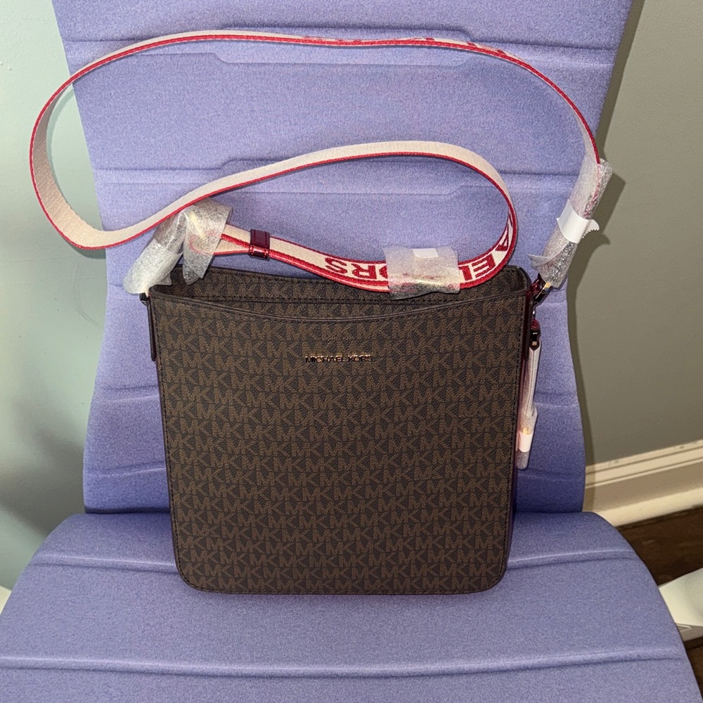Michael Kors Dark Brown Crossbody Bag with Red Strap